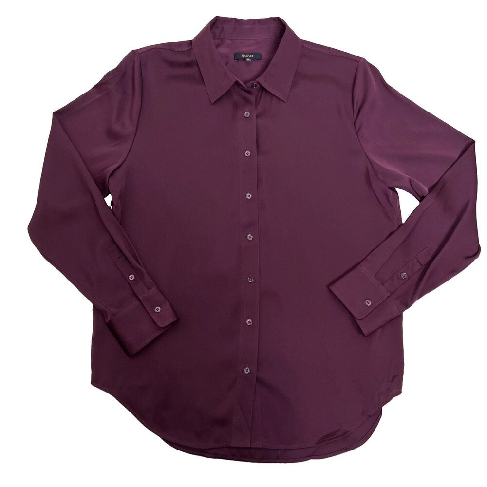 Quince Washable Stretch Silk Collared Blouse Burgundy Wine Womens Medium